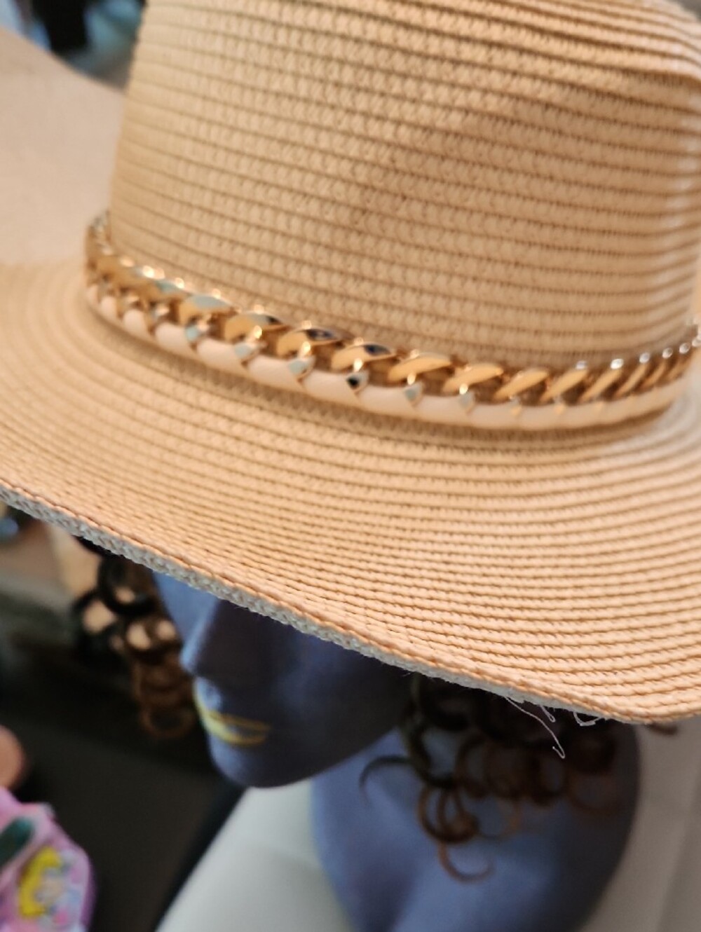 Straw Sun Hat with Gold Chain Link Band. Beige - Picture 2 of 9
